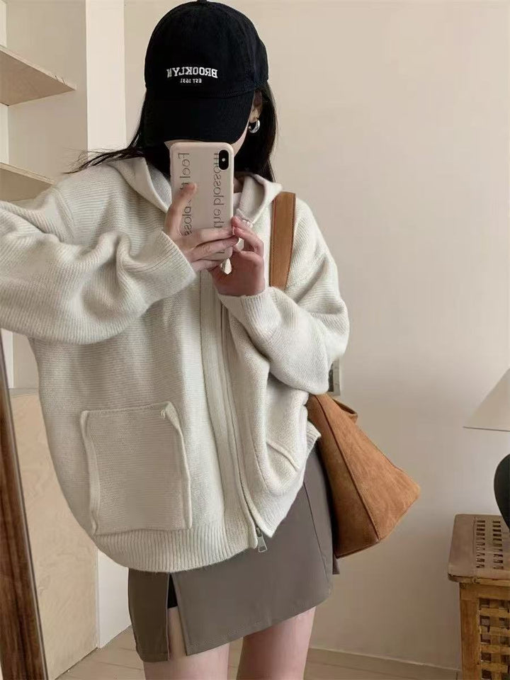 Ladies Casual Oversized Knit Vest with Hood and Pockets Lune London