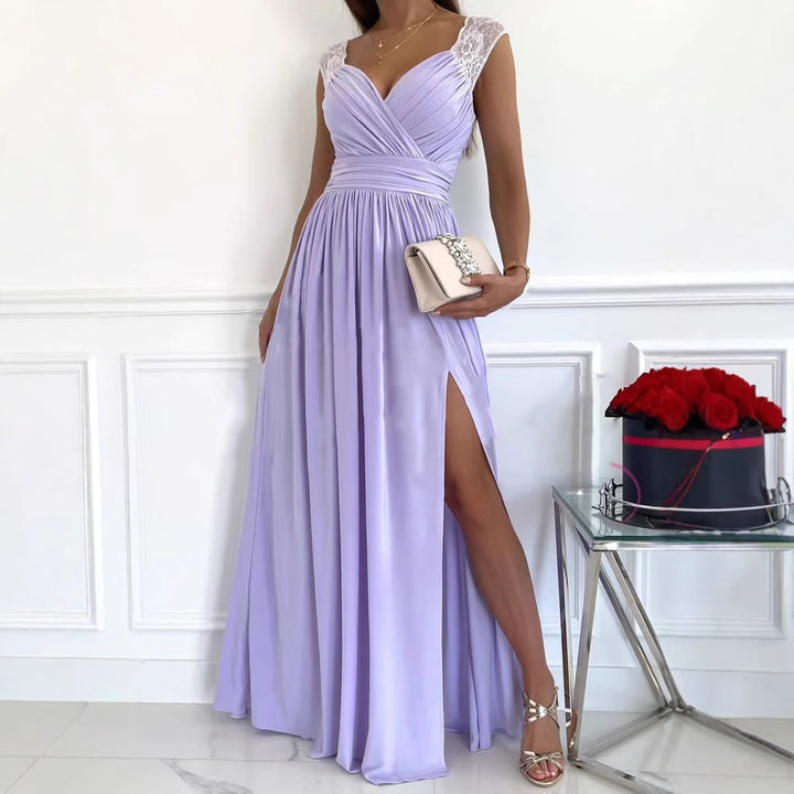 Elegant maxi dress for women with lace sleeves and a side slit Lune London