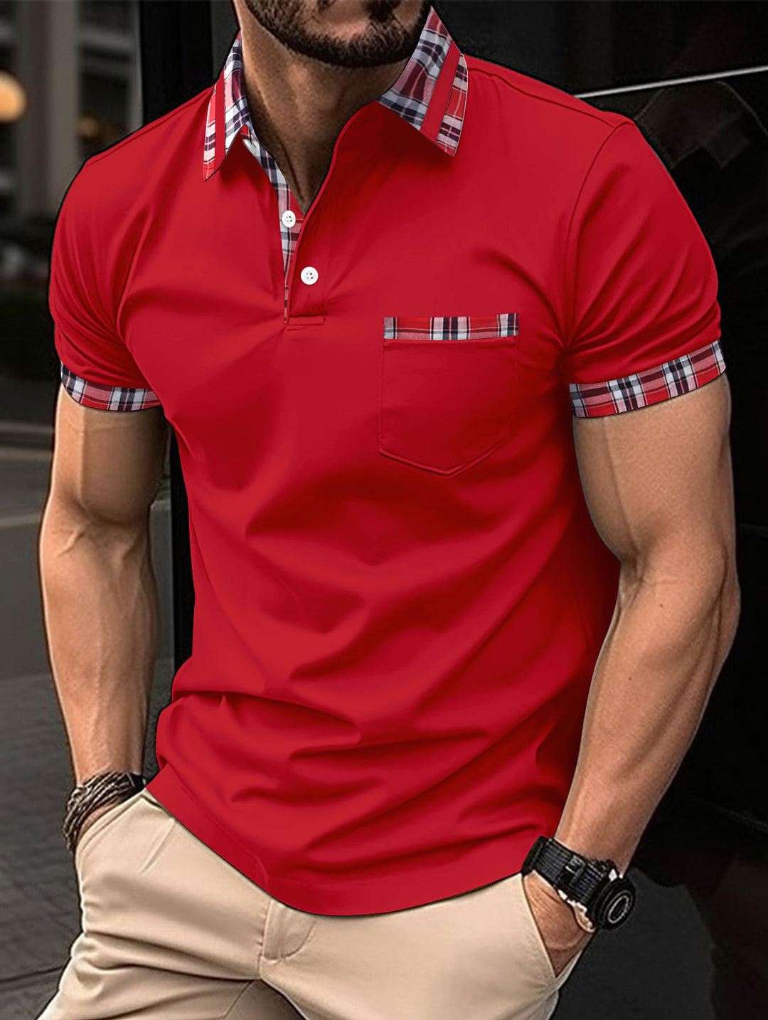 Men's Casual Short Sleeve Polo with Distinctive Checkered Details Lune London