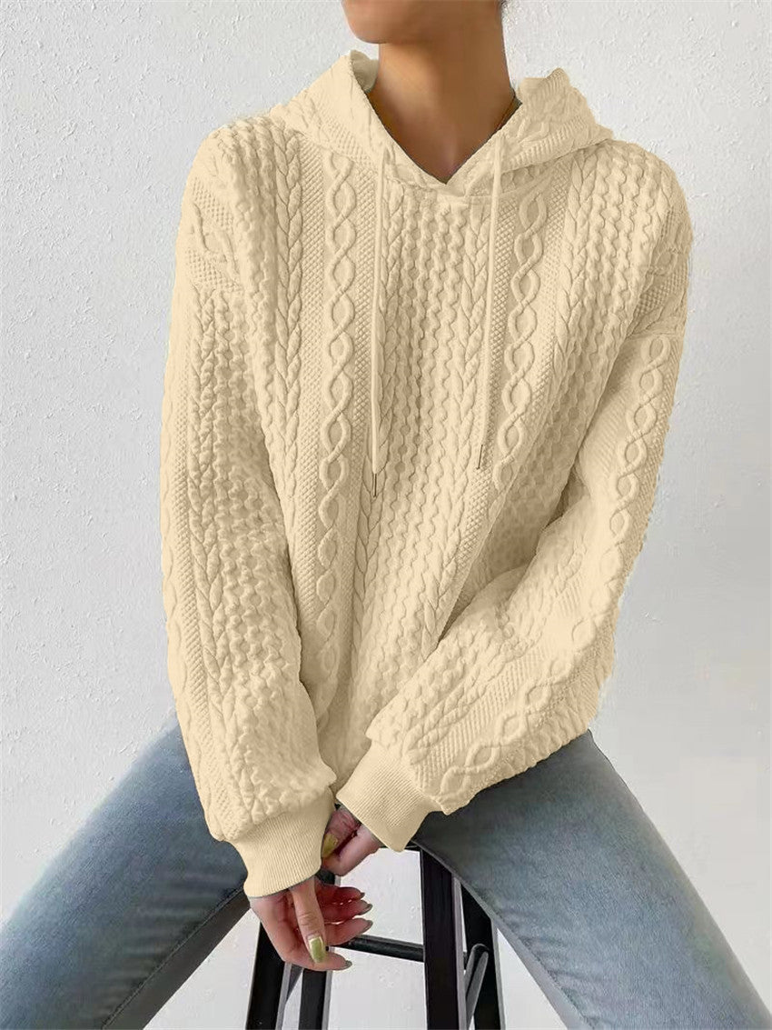 High-quality knit sweater for women with hood and decorative cable pattern Lune London