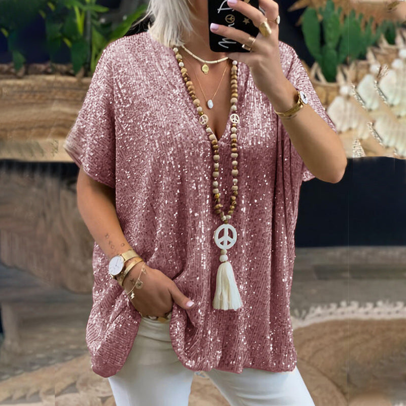 T-Shirt tunique paillettes glamour pour femmes avec décolleté en V Lune London