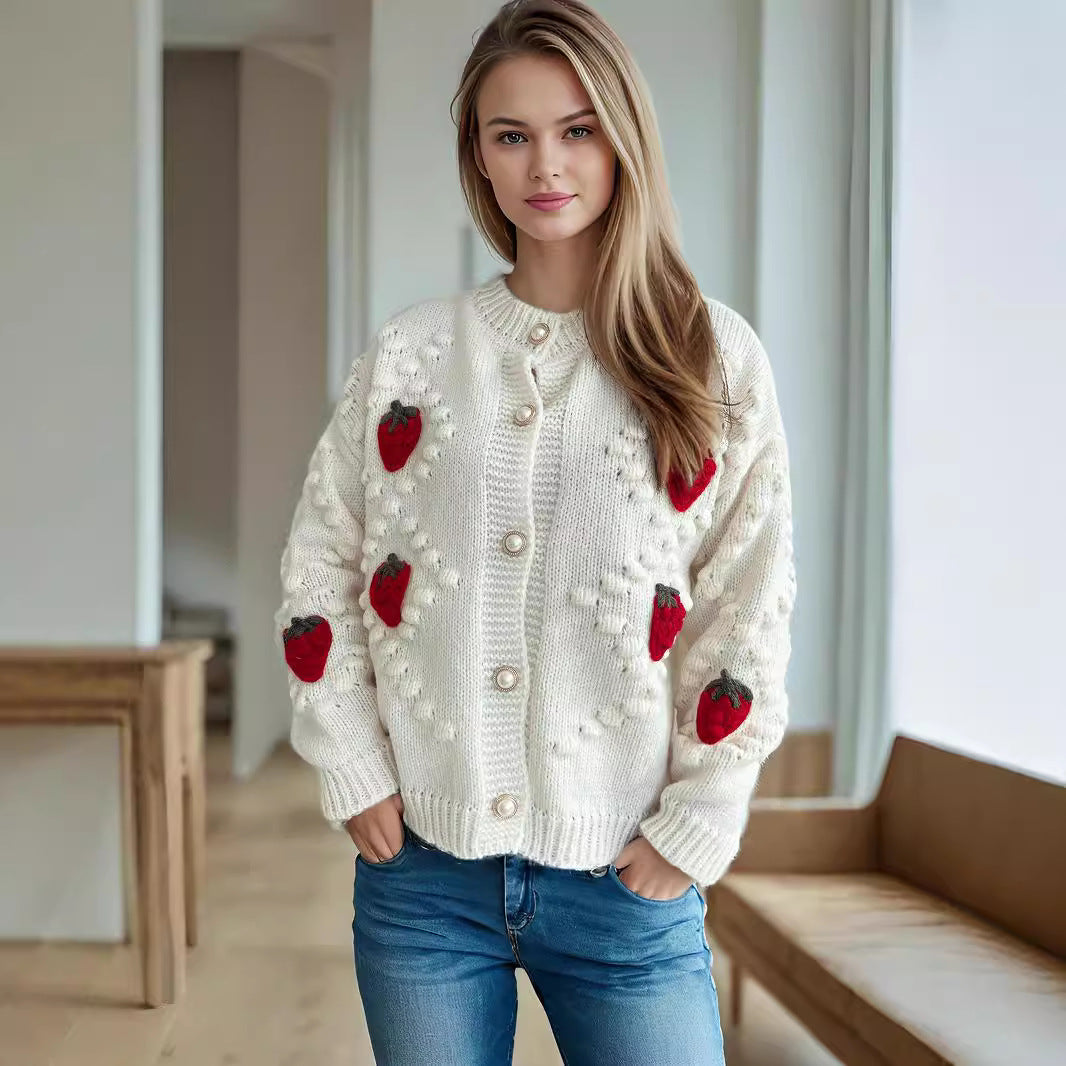 Knit jacket for women with a playful strawberry pattern and Lune London button details
