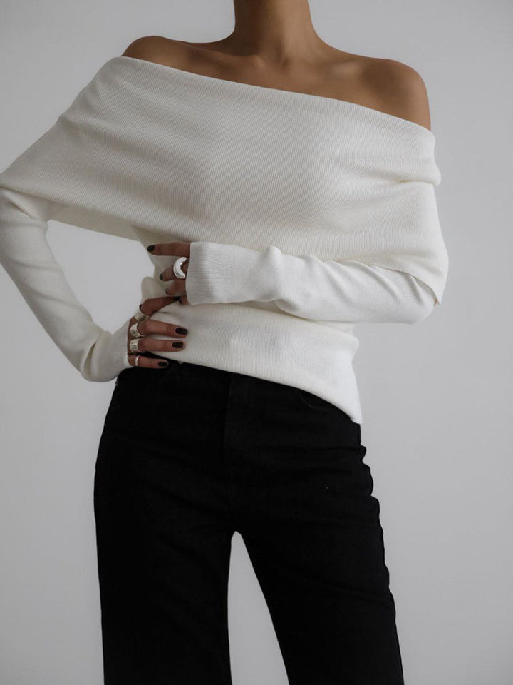 Ladies Elegant deep neckline top with smooth texture and flared sleeves Lune London