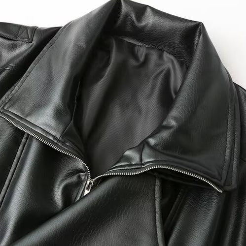 Ladies elegant faux leather jacket with high collar and belt at the waist Lune London