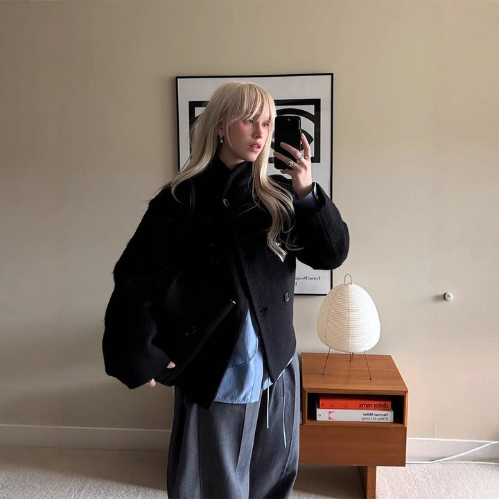 Ladies cozy wool jacket with high collar and button details Lune London