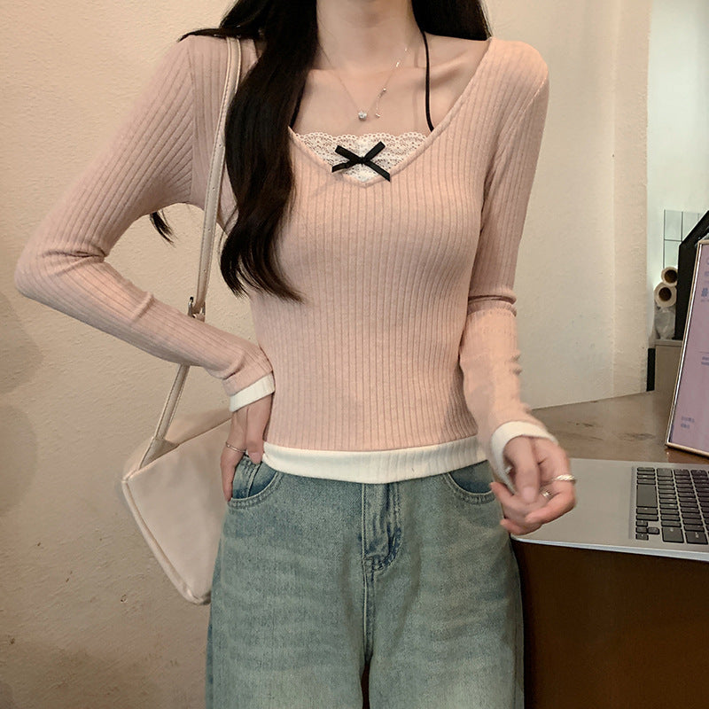 Women's long-sleeve shirt with V-neck and lace accents Lune London