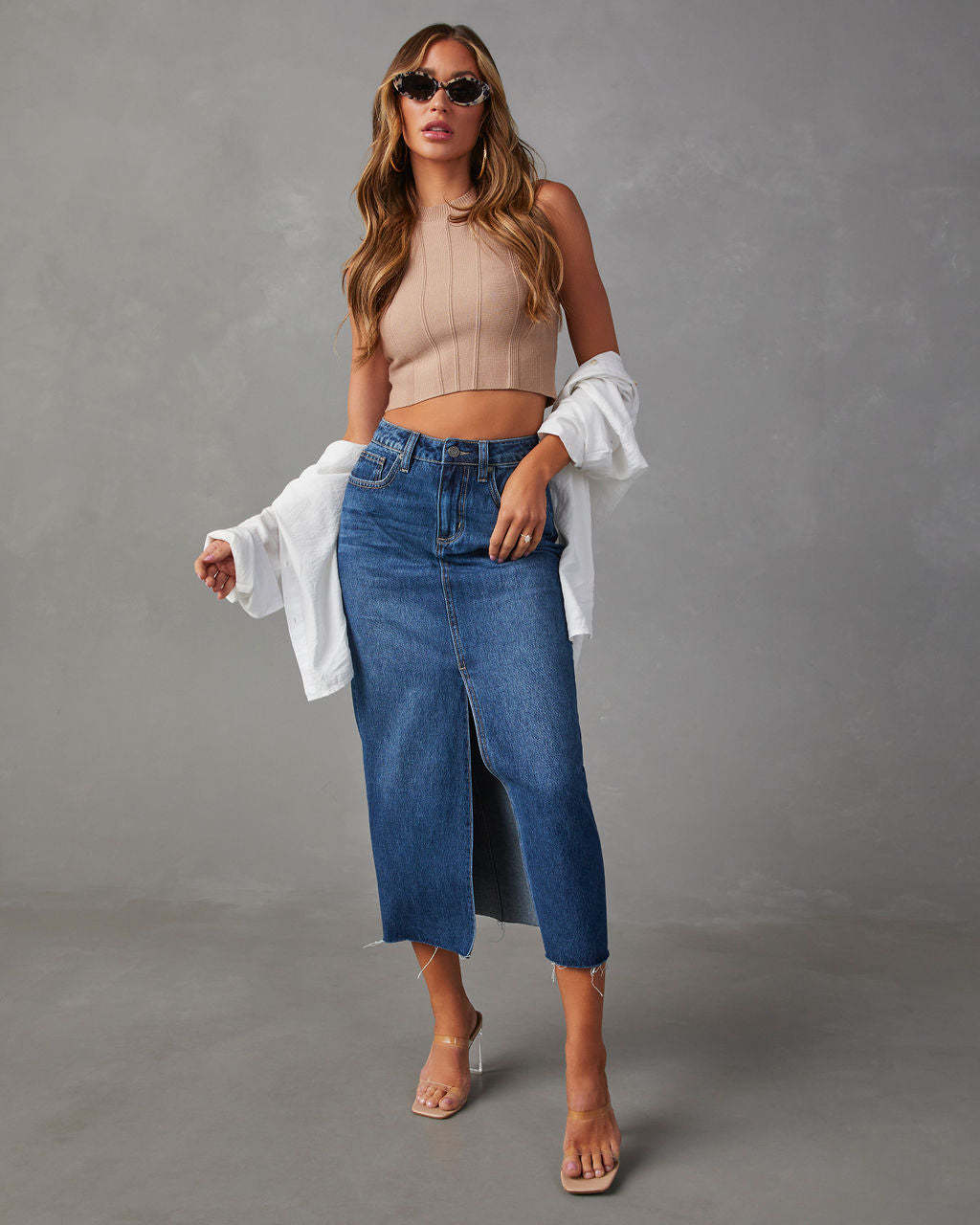Chic & Stil High-Waisted Denim Pencil Dress with Side Slit