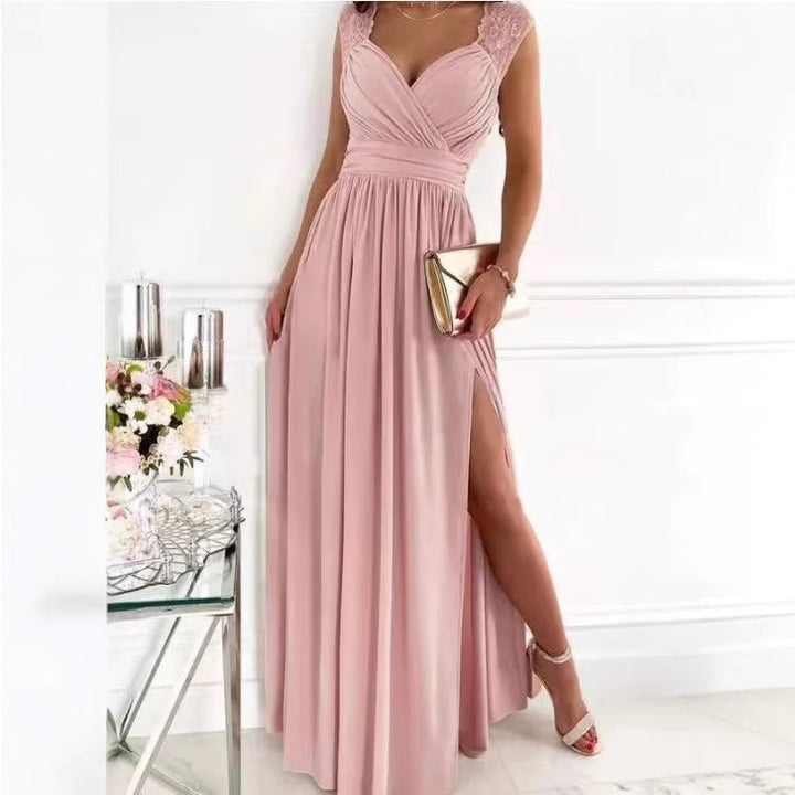 Elegant maxi dress for women with lace sleeves and a side slit Lune London