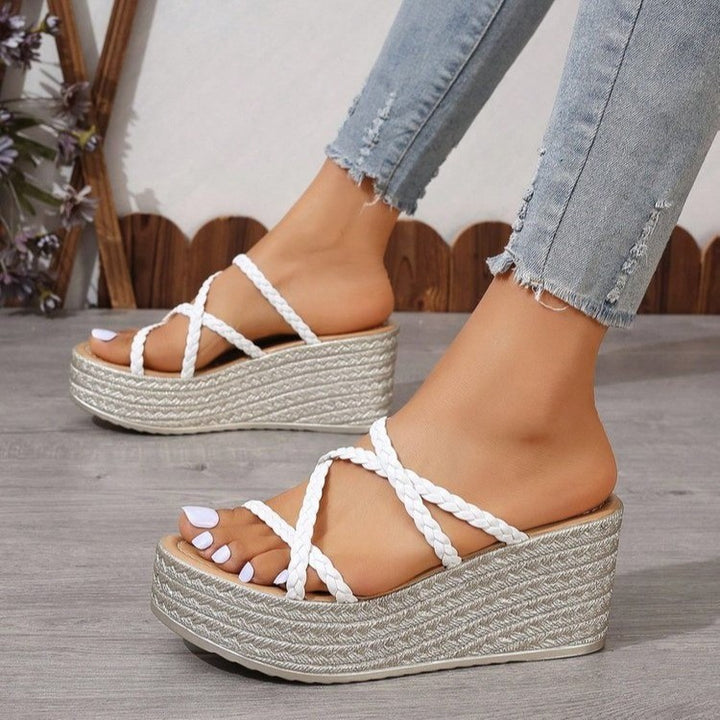 Women's platform sandals with braided strap design and trendy heel Lune London