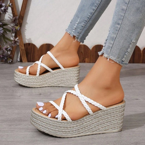 Women's platform sandals with braided strap design and trendy heel Lune London