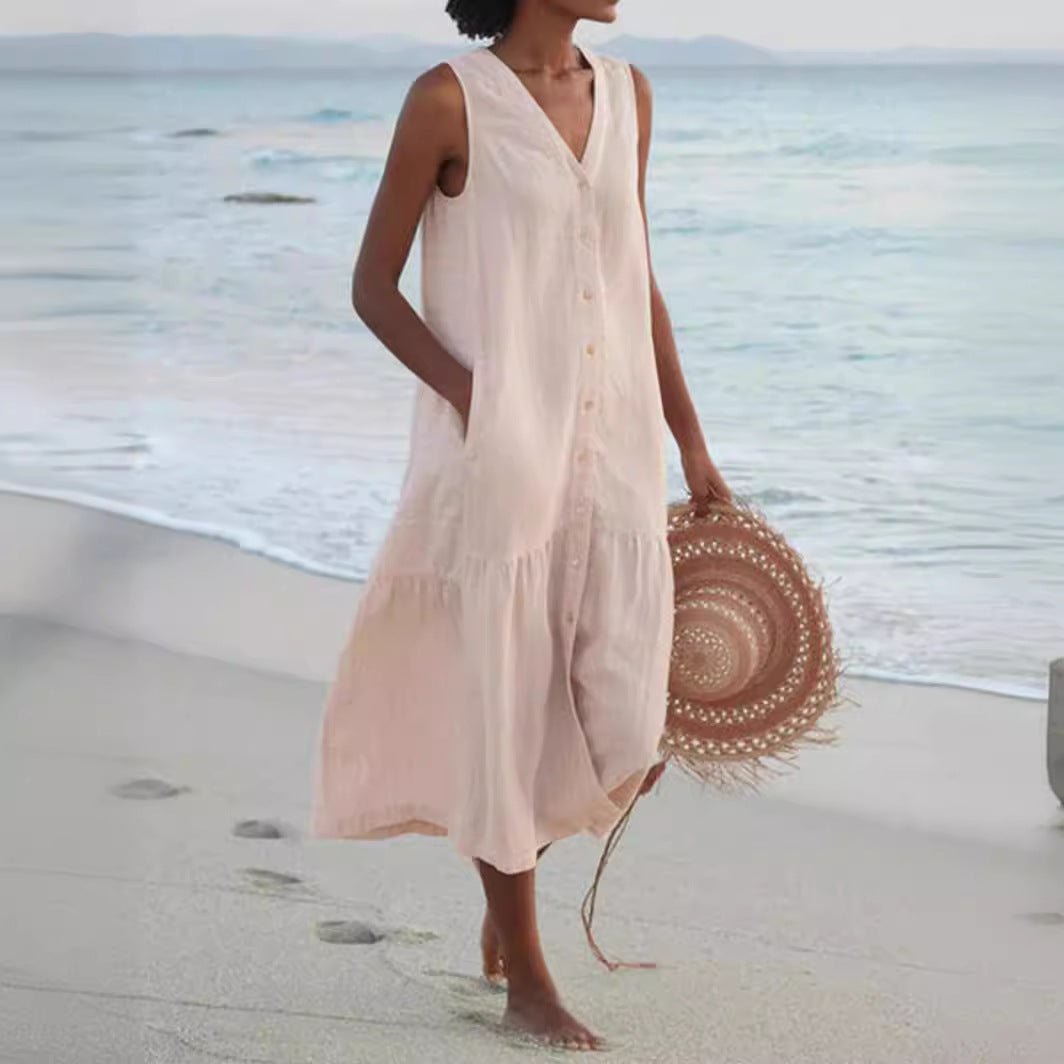 Airy maxi dress for women with button placket and practical pockets Lune London