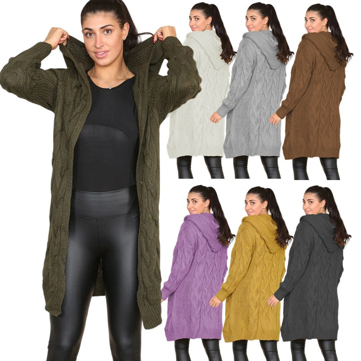 Ladies Chunky Knit Hoodie-Coat with Braid Design and Deep Pockets Lune London