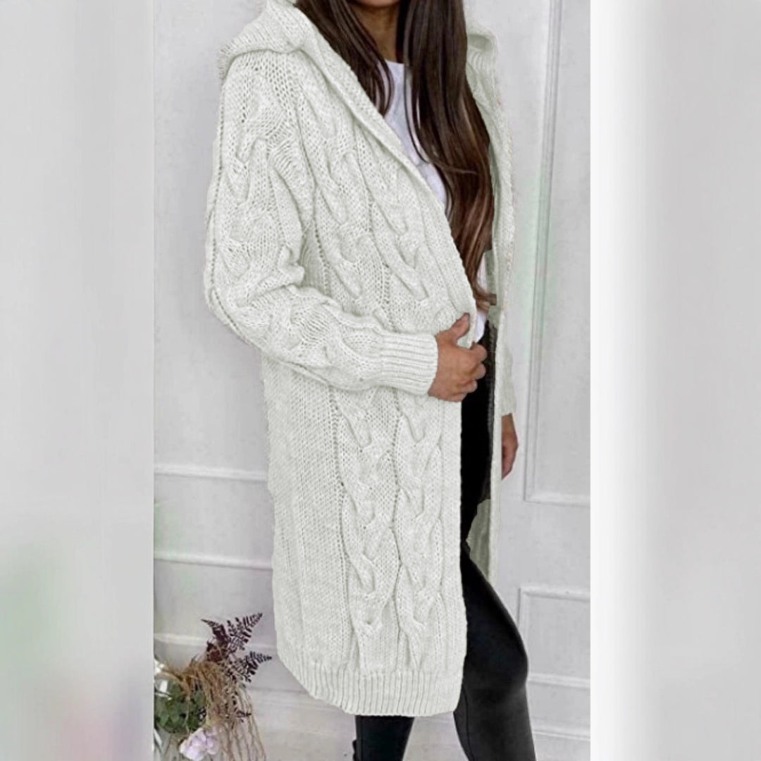 Ladies Long Knit Coat with Textured Braid Design and Practical Hood Chic and Style