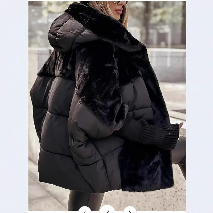 Ladies oversized hooded down jacket with faux fur trim Lune London