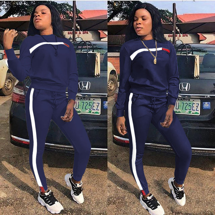 Women Casual Sports Set with Contrast Stripes and Elastic Waist Lune London