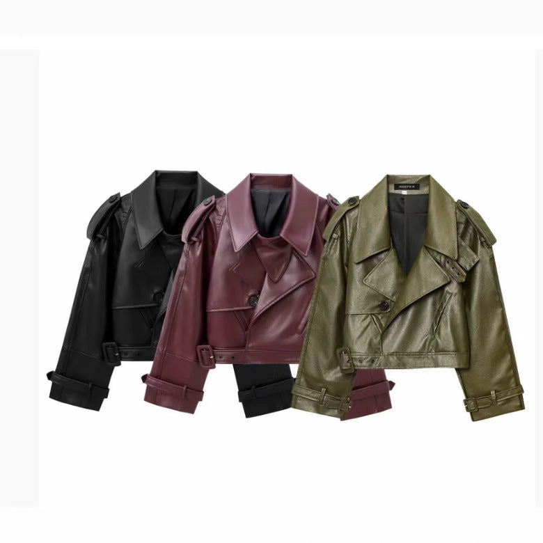 Faux leather biker jacket for women with a trendy cropped design, adjustable belt, and decorative buttons Lune London