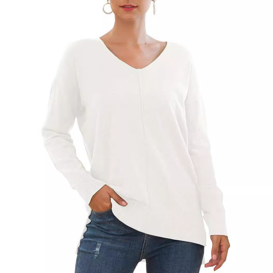 Elegant women's sweater with V-neck and asymmetrical hem Lune London
