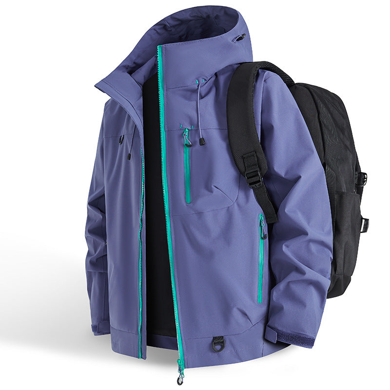 Functional outdoor jacket for men with adjustable hood drawstring and practical zip pockets Lune London
