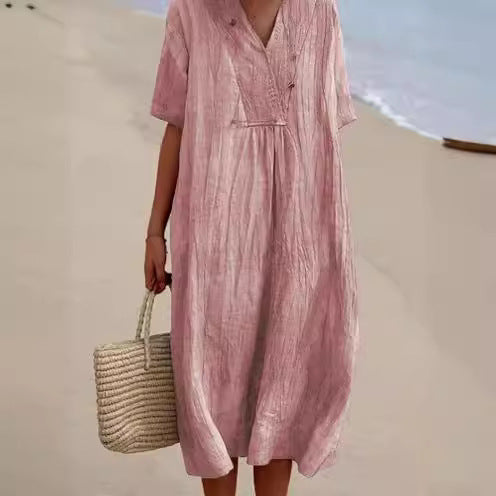 Casual beach dress for women with V-neck and wide hem Lune London
