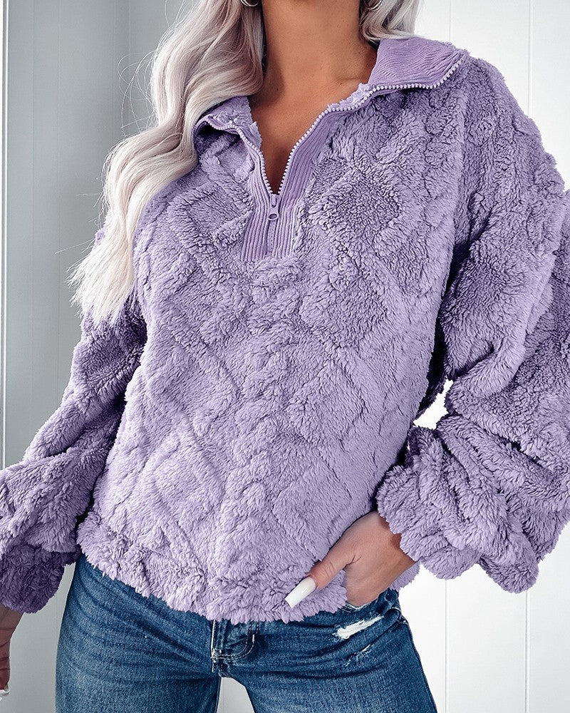 Ladies Plush Fleece Sweater with Zipper and Quilted Design Lune London