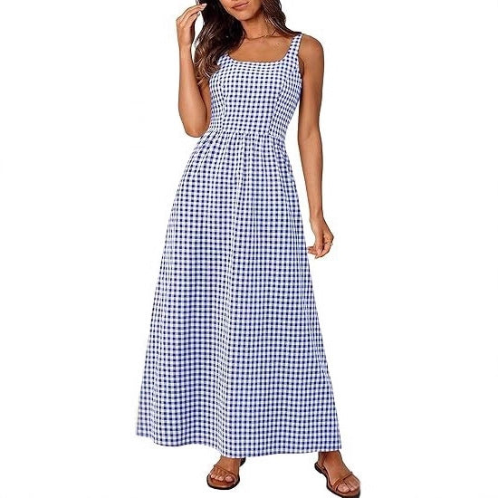 Robe maxi femme à motif à carreaux classique avec bretelles réglables et taille élastique Chic & Stil
