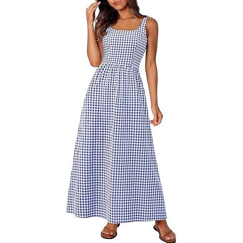 Robe maxi femme à motif à carreaux classique avec bretelles réglables et taille élastique Chic & Stil