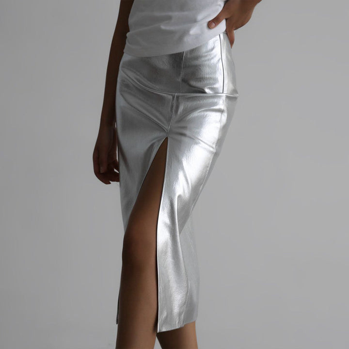Shiny mid-length skirt for women with high slit and asymmetrical hem Lune London