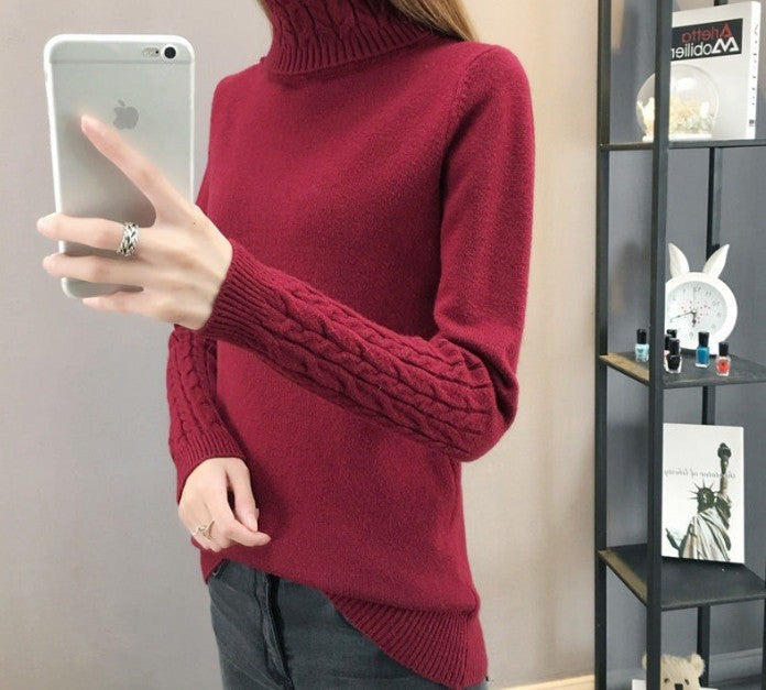 Fine knit sweater for women with high collar and cable knit pattern Lune London
