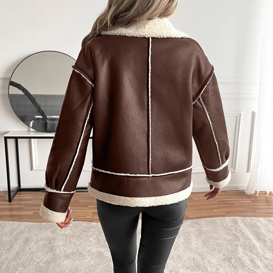Stylish faux leather jacket for women with sheepskin collar Lune London