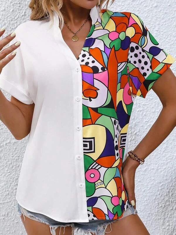 Colored patchwork short-sleeve shirt for ladies with button placket Lune London