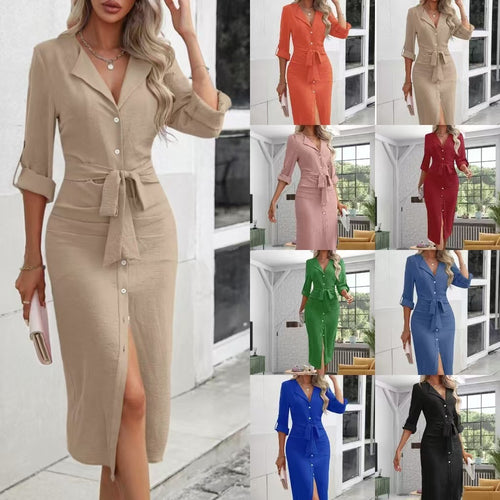Mid-length dress for women with button closure and belt at the waist Lune London
