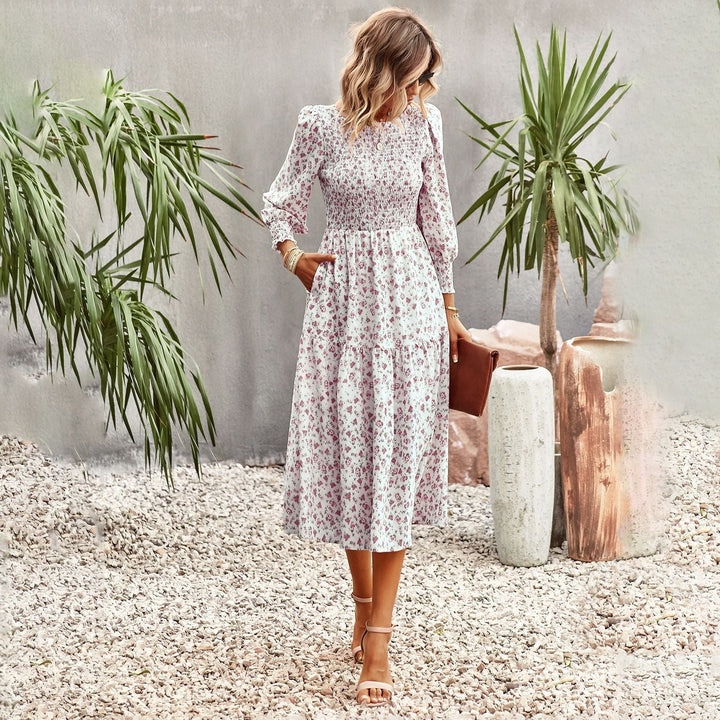 Women Floral Midi Dress with Gathered Waist and Long Sleeves Lune London