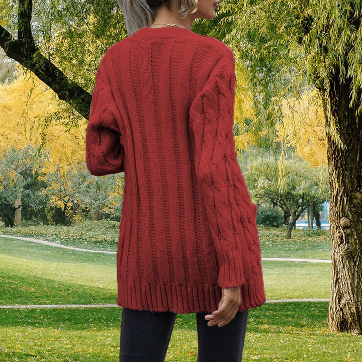 Ladies chunky knit cardigan with deep pockets and open cut Lune London