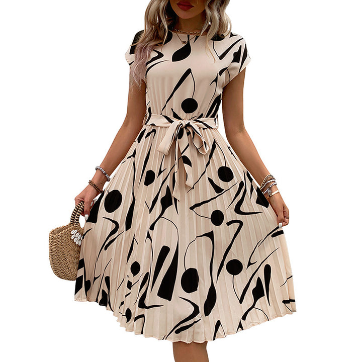 Lune London A-line pleated dress for ladies with abstract print and fitted belt