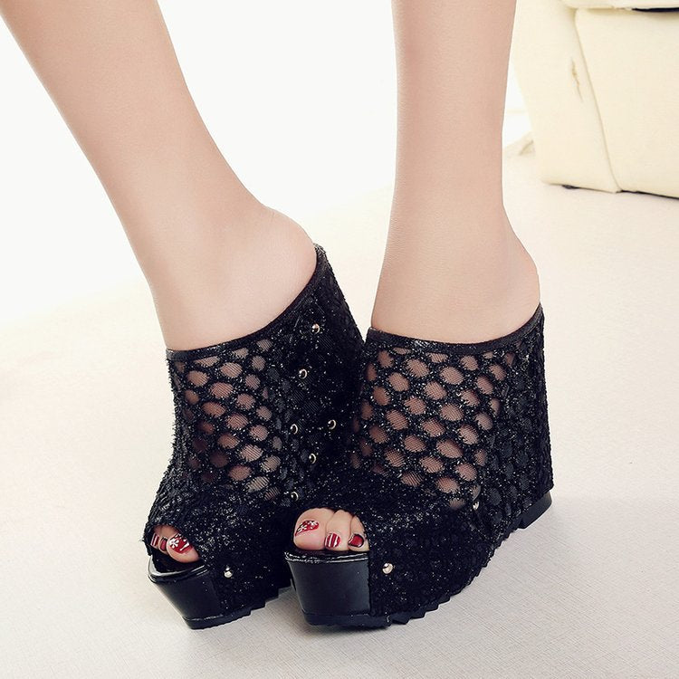 Ladies Platform Furs with a trendy bow design and sparkling accents Lune London