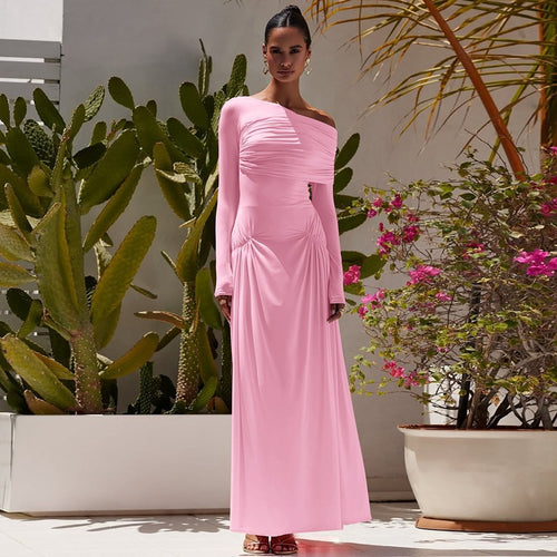 Elegant maxi dress for women with asymmetrical design and ruching Lune London