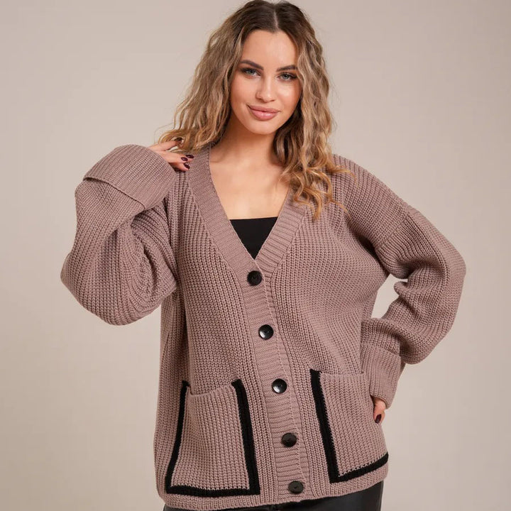 Ladies chunky knit cardigan with large pockets and decorative button Lune London