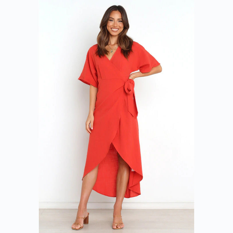Women's wrap dress with elegant V-neckline and fashionable waist belt