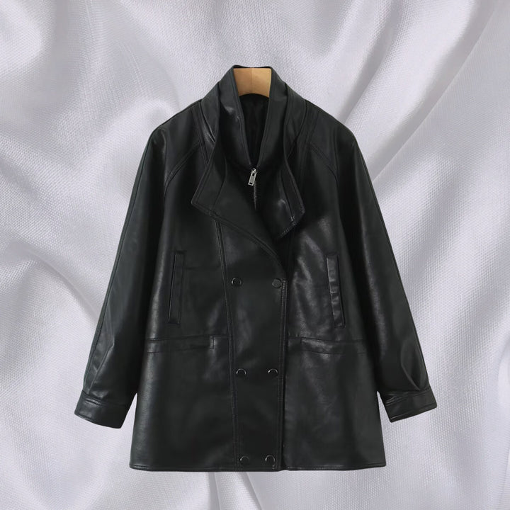 Faux leather jacket for women with large lapels and practical pockets Lune London