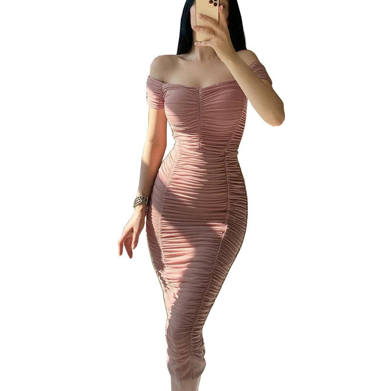 Mini fitted dress for women with Bardot neckline and ruching Lune London