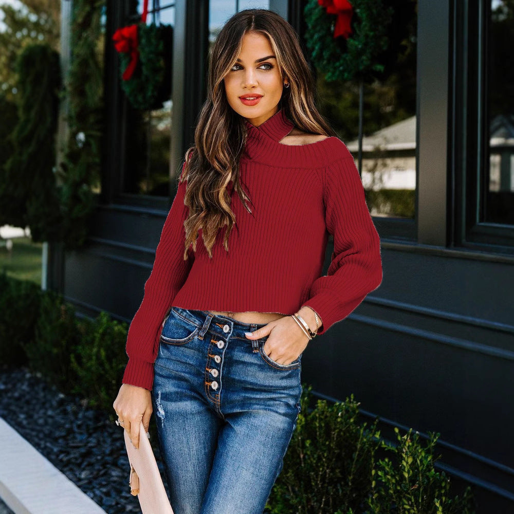 Women short modest sweater with neckline design and ribbed structure Lune London