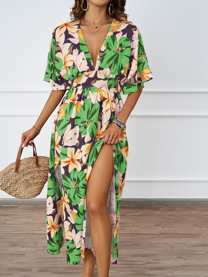 Maxi floral dress for women with deep V-neck and side slits Lune London
