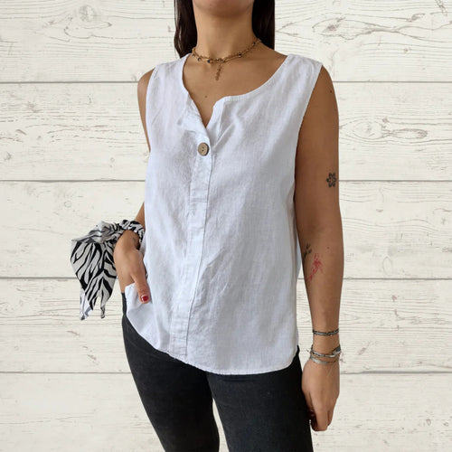 Ladies lightweight linen sleeveless blouse with button details Lune London