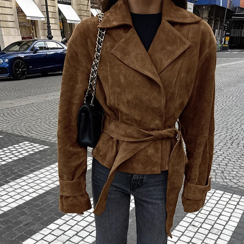 Suede leather trench coat for women with tie belt and wide lapels Lune London