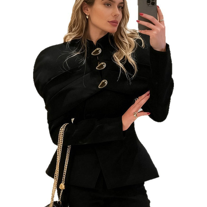 Trendy blazer jacket for women with asymmetric cut and golden button details Lune London