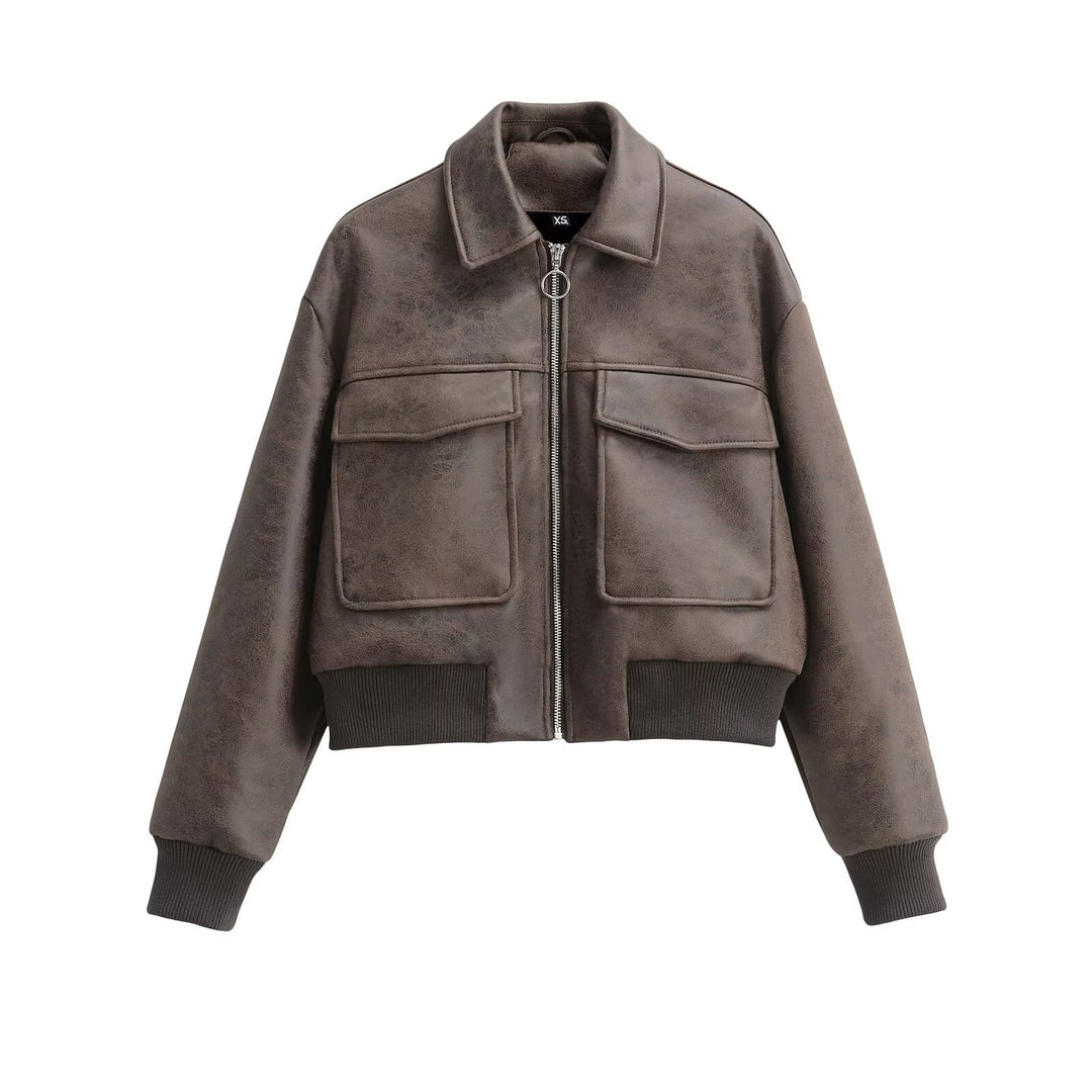 Veste en simili cuir courte pour femmes avec poches à rabat Chic & Stil