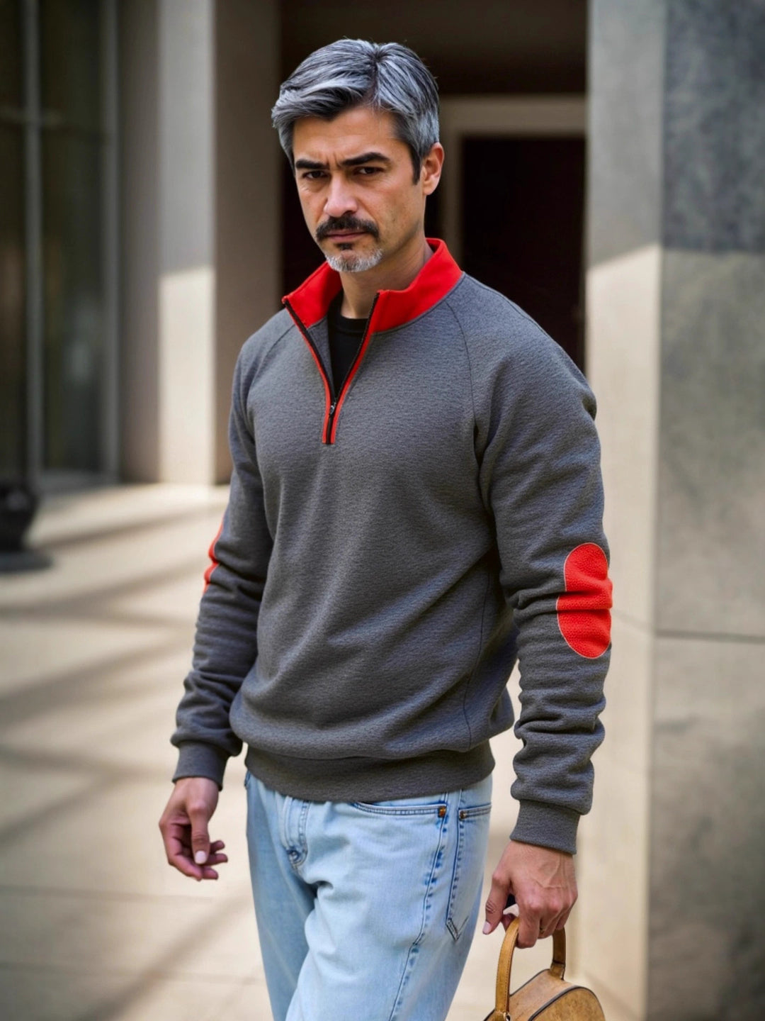 Sweat-mode sweater for men with functional zipper and contrasting elbow patches Lune London
