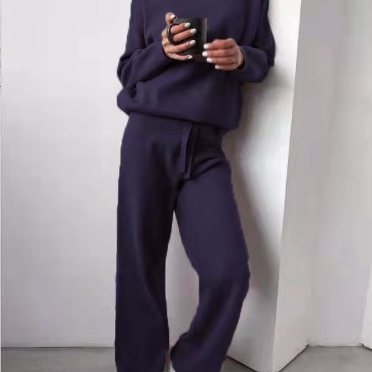 Women's Cozy Knit Loungewear Set with Wide Pants and Elegant Round Neck Lune London