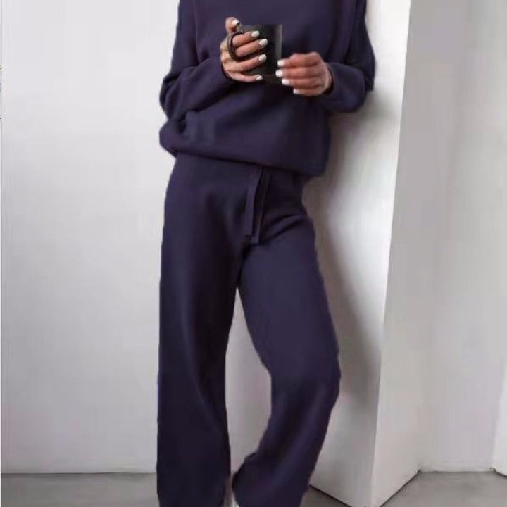 Women's Cozy Knit Loungewear Set with Wide Pants and Elegant Round Neck Lune London