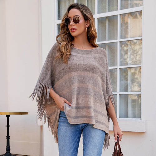 Ladies elegant poncho with textured design and fringe details Lune London